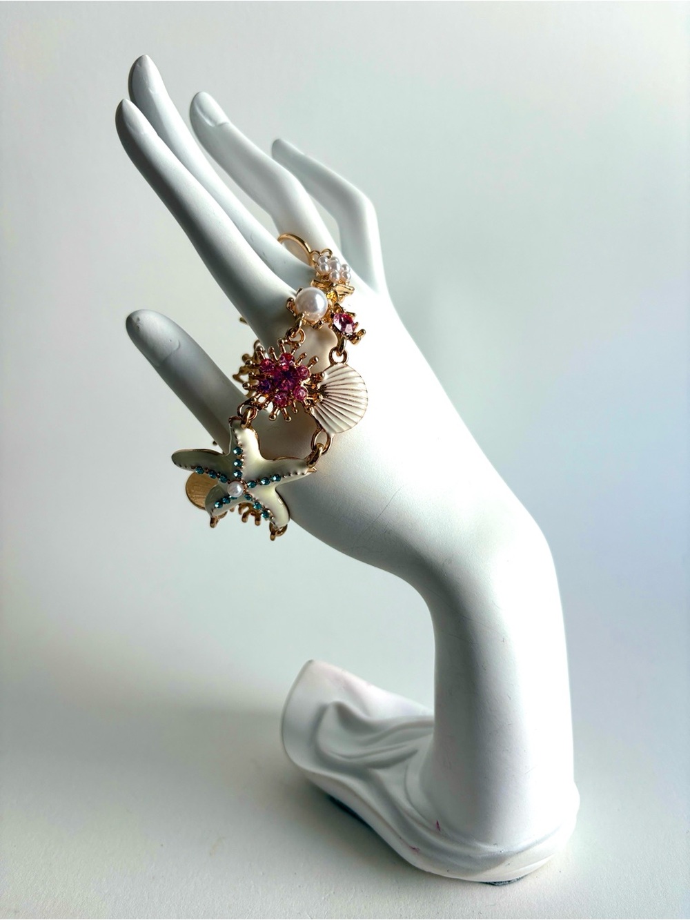 Gold Seashell Starfish Charm Bracelet Pink Coastal Jewelry